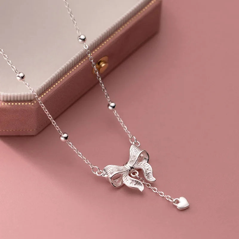 925 Serenity Bow Dangling Chain Necklace