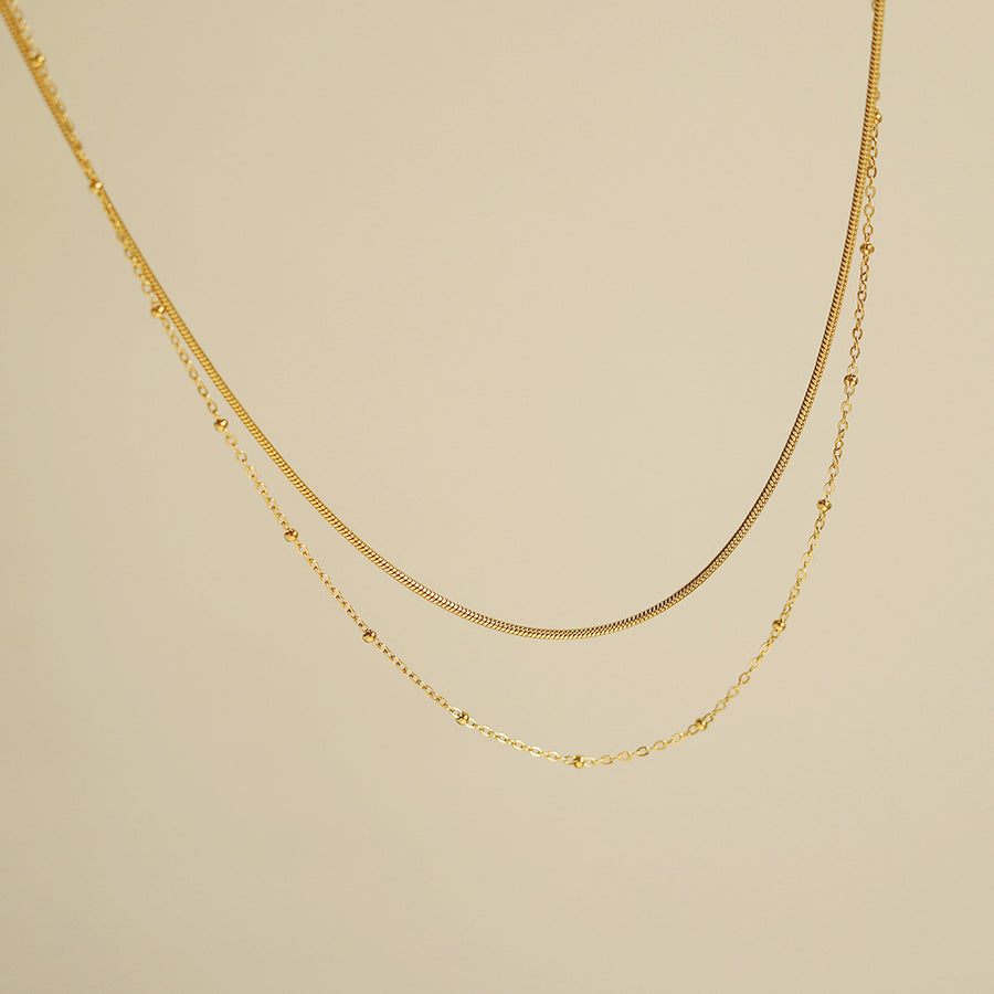 14K Thin Snake x Beads Layered Chain Necklace (BACKORDER)