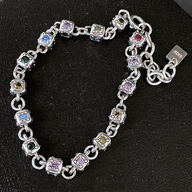 925 Multi Colours Stones Cube Chain Bracelet (BACKORDER)