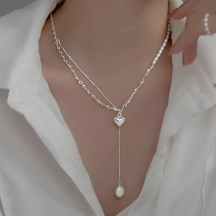 925 Levon Heart x Dangling Pearl Layered Necklace