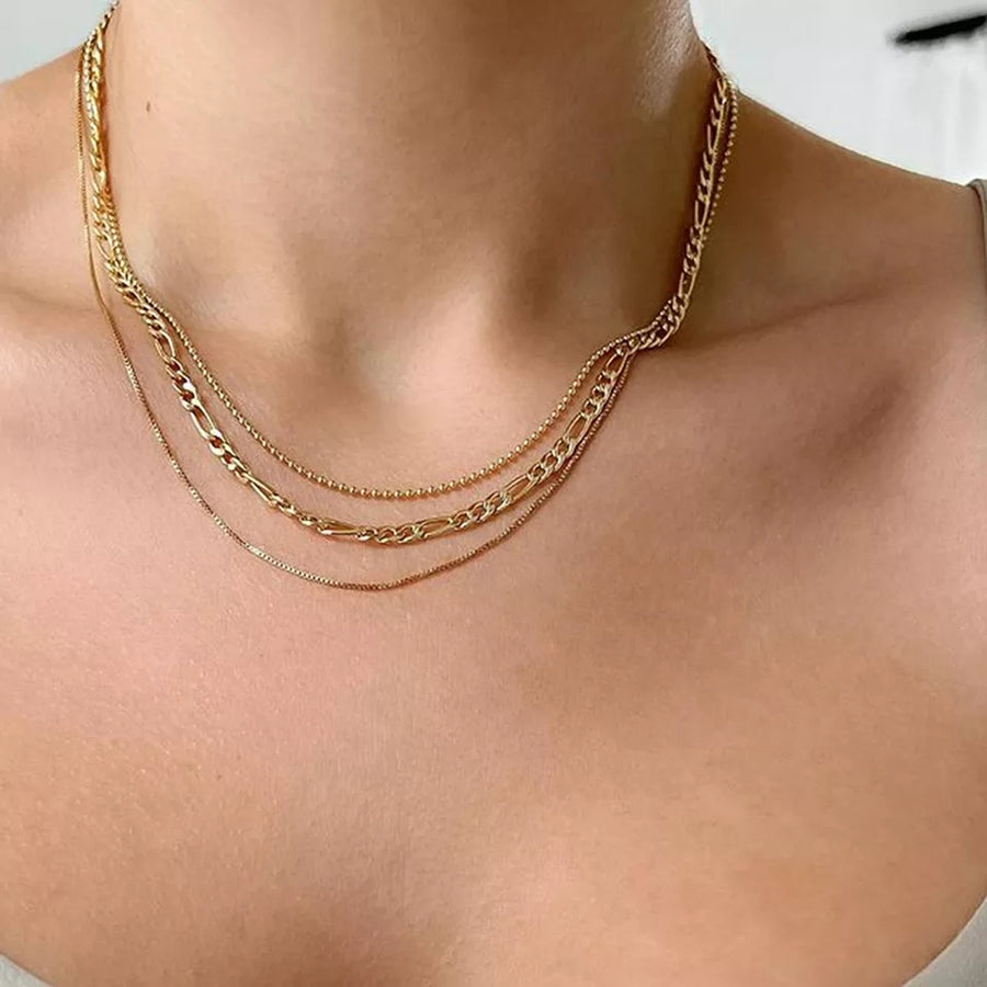 14K Triple Layer Figaro x Snake Chain Necklace