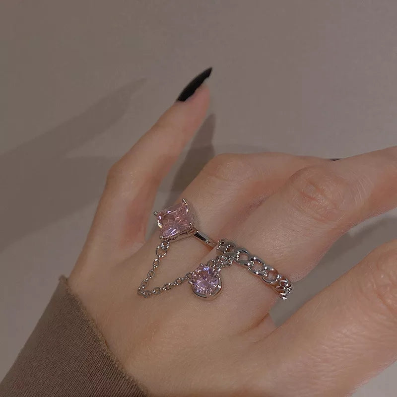 925 Duo S Shape Pink Crystal Dangling Chain Ring (BACKORDER)
