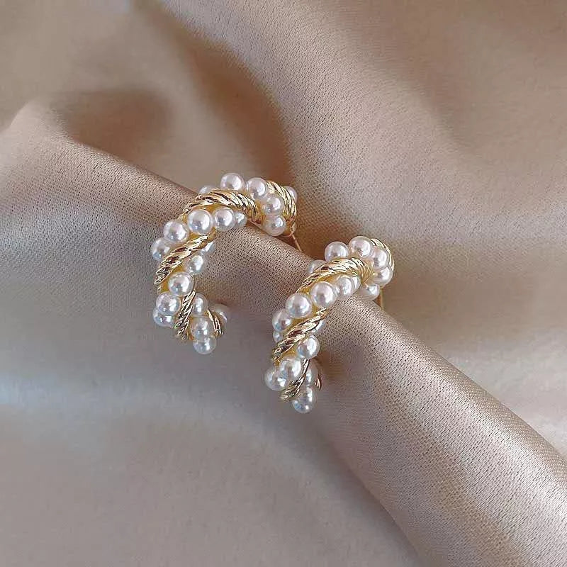 925 Mini Pearl Beads Spiral C Hoop Earrings (BACKORDER)