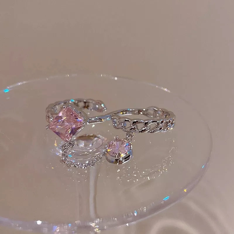 925 Duo S Shape Pink Crystal Dangling Chain Ring (BACKORDER)