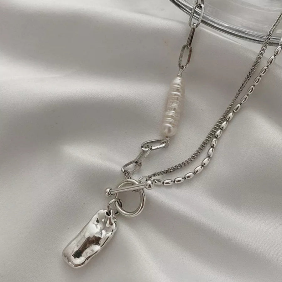 925 Pearl x Wrinkled Pendant T-Bar Necklace (BACKORDER)