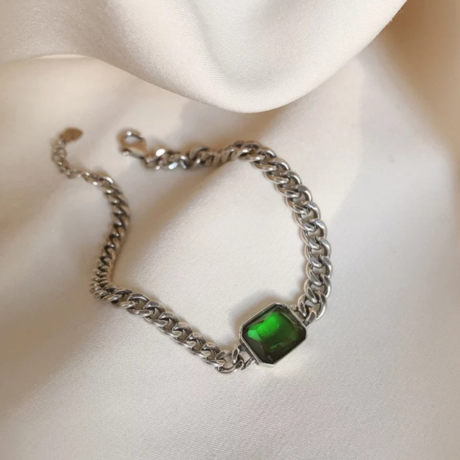 925 Emerald Green Crystal Cuban Bracelet (BACKORDER)