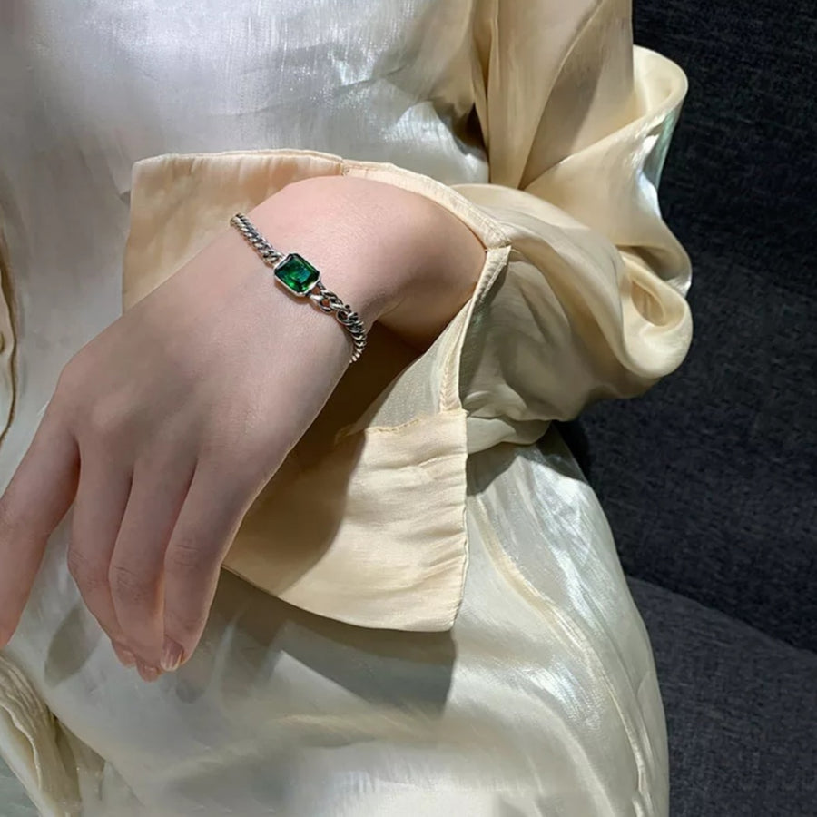925 Emerald Green Crystal Cuban Bracelet (BACKORDER)