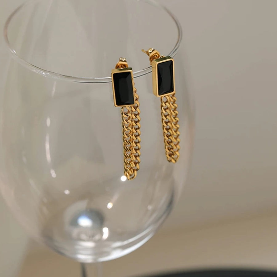 925 Black Onyx Dangling Chain Earrings (BACKORDER)