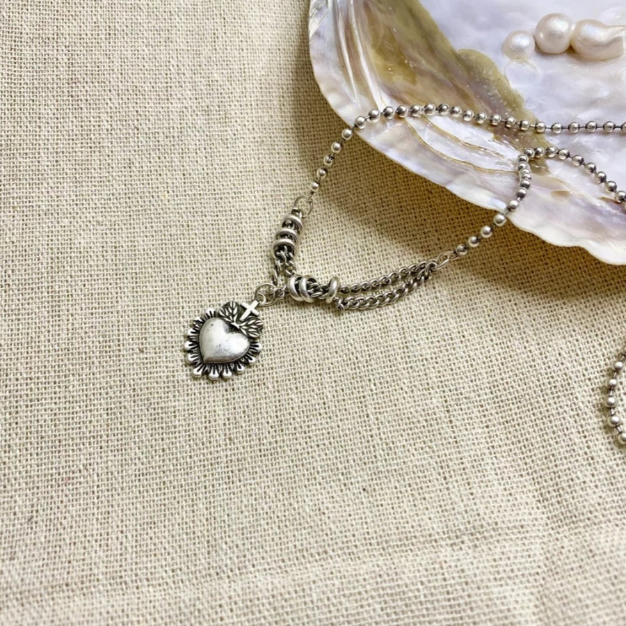 925 Vintage Cross On Heart Necklace (BACKORDER)