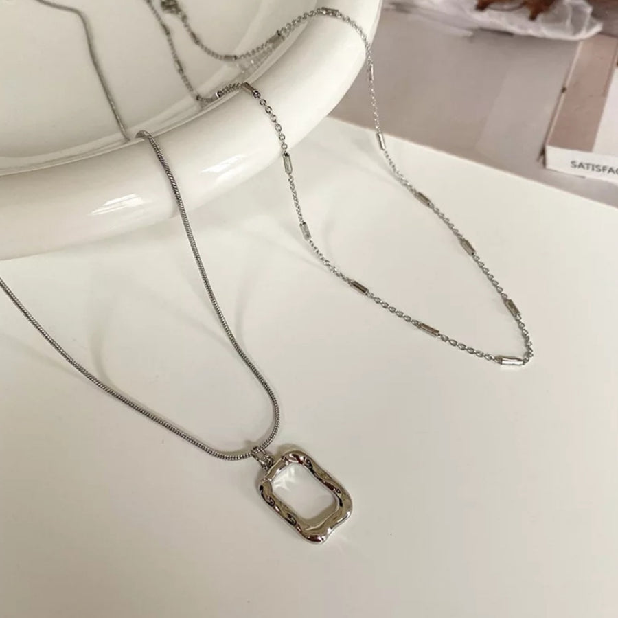 925 2Pcs Beads x Hollow Rectangle Necklace (BACKORDER)