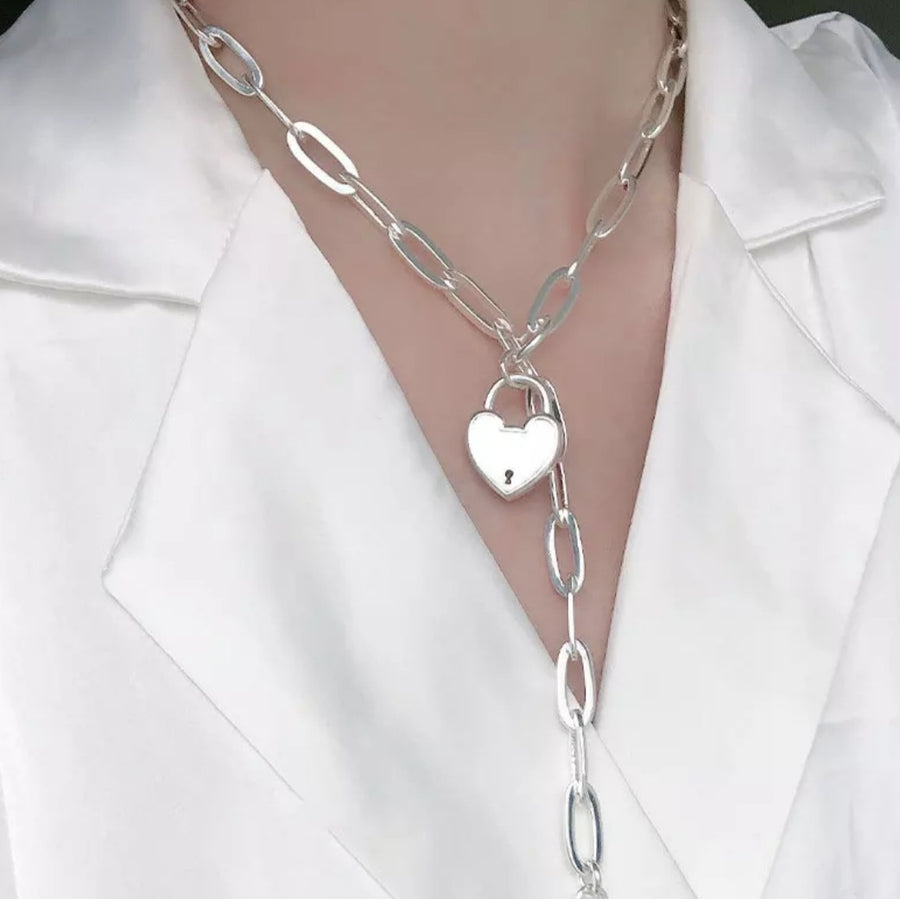 925 Heart Padlock T-Bar Chain Necklace