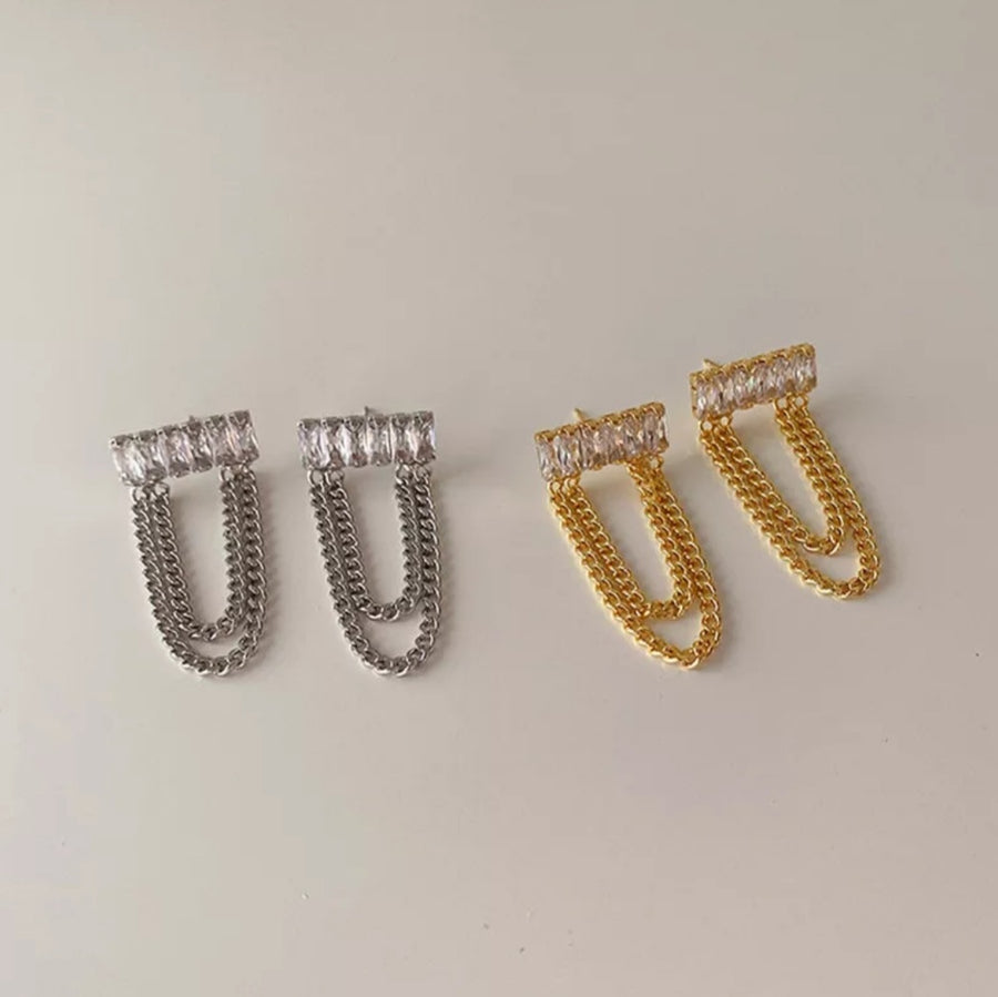 925 Crystal Bar Dangling Chain Earrings (BACKORDER)