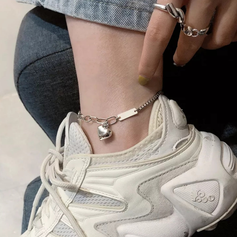 925 Puffy Heart x Box Chain Anklet (BACKORDER)