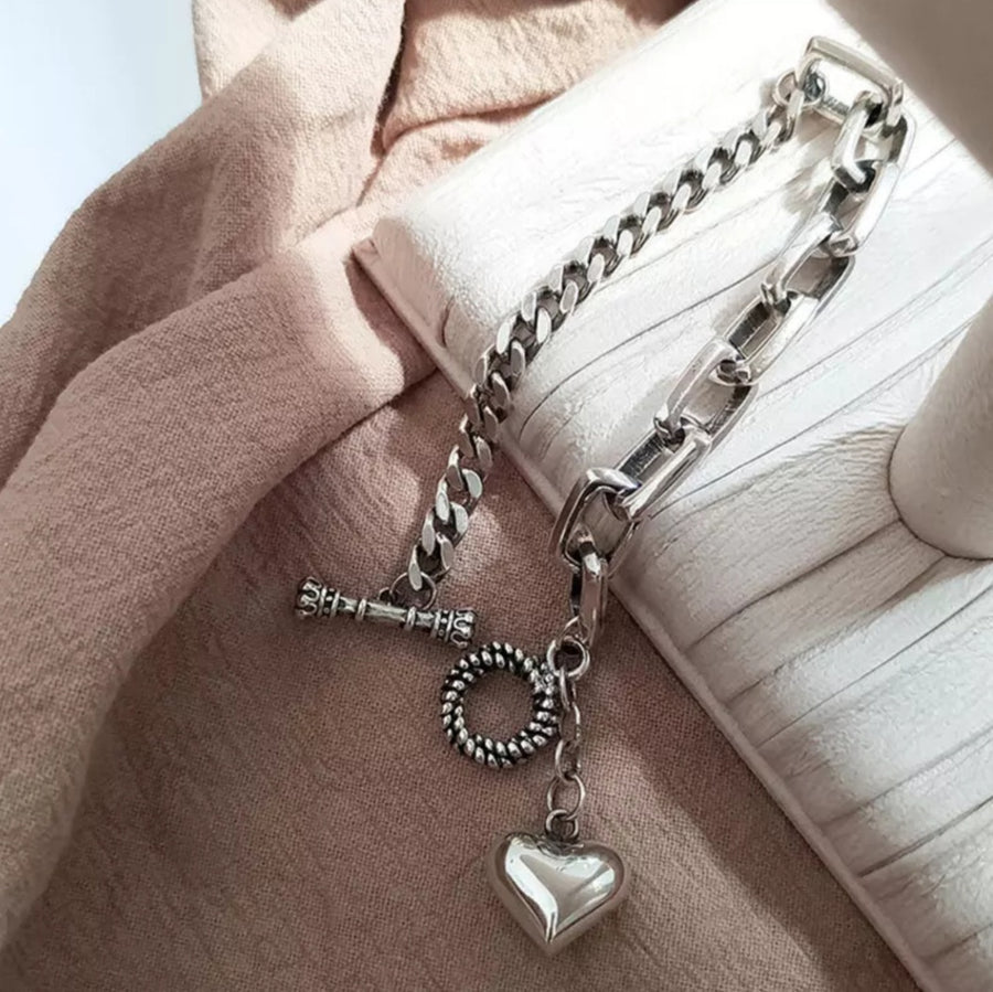 925 Puffy Heart Multi Chain T-Bar Bracelet (BACKORDER)