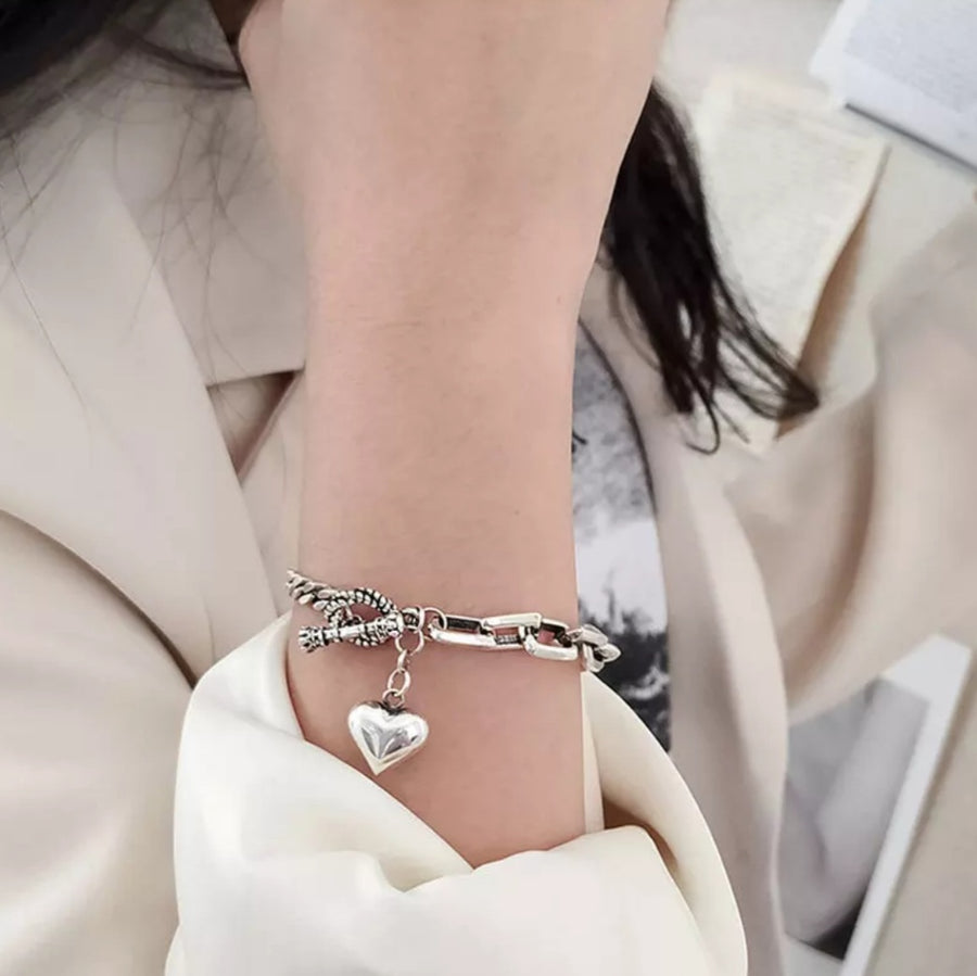 925 Puffy Heart Multi Chain T-Bar Bracelet (BACKORDER)