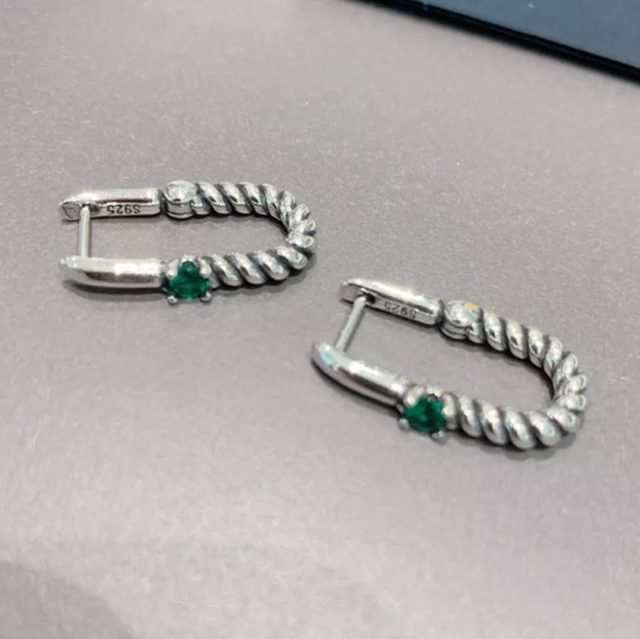 925 Emerald Green Crystal Spiral U-shape Earhoops (BACKORDER)