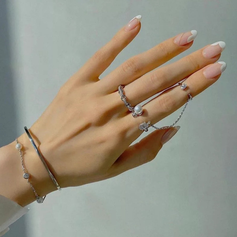 925 Duo Pearl x Crystal Chain Ring (BACKORDER)