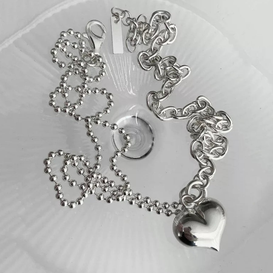 925 Puffy Heart x Beads Chain Necklace (BACKORDER)