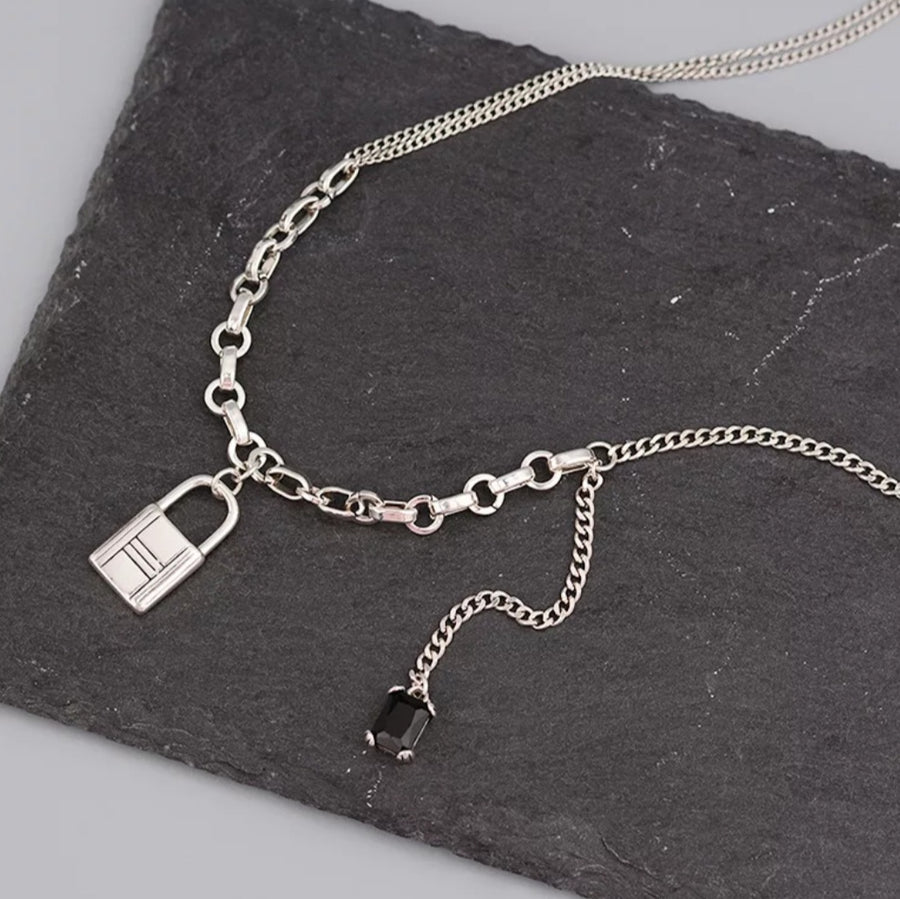 925 Padlock x Dangling Crystal Multi Chain Necklace (BACKORDER)