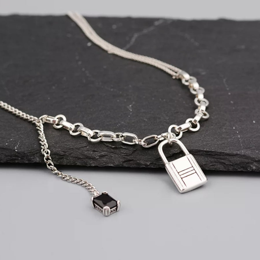 925 Padlock x Dangling Crystal Multi Chain Necklace (BACKORDER)