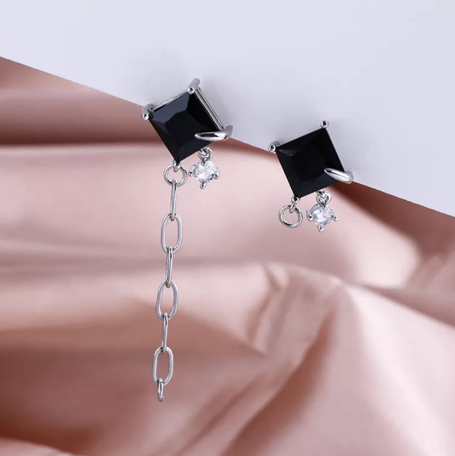 925 Aysmmetric Crystal Dangling Chain Earrings