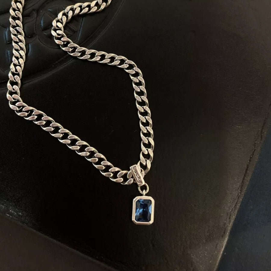 925 Sapphire Blue Gem Cuban Necklace (BACKORDER)