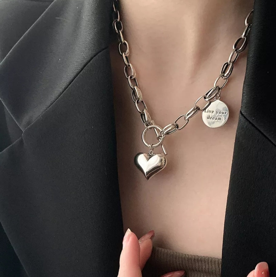 925 Puff Oh Heart T-Bar Chain Necklace (BACKORDER)