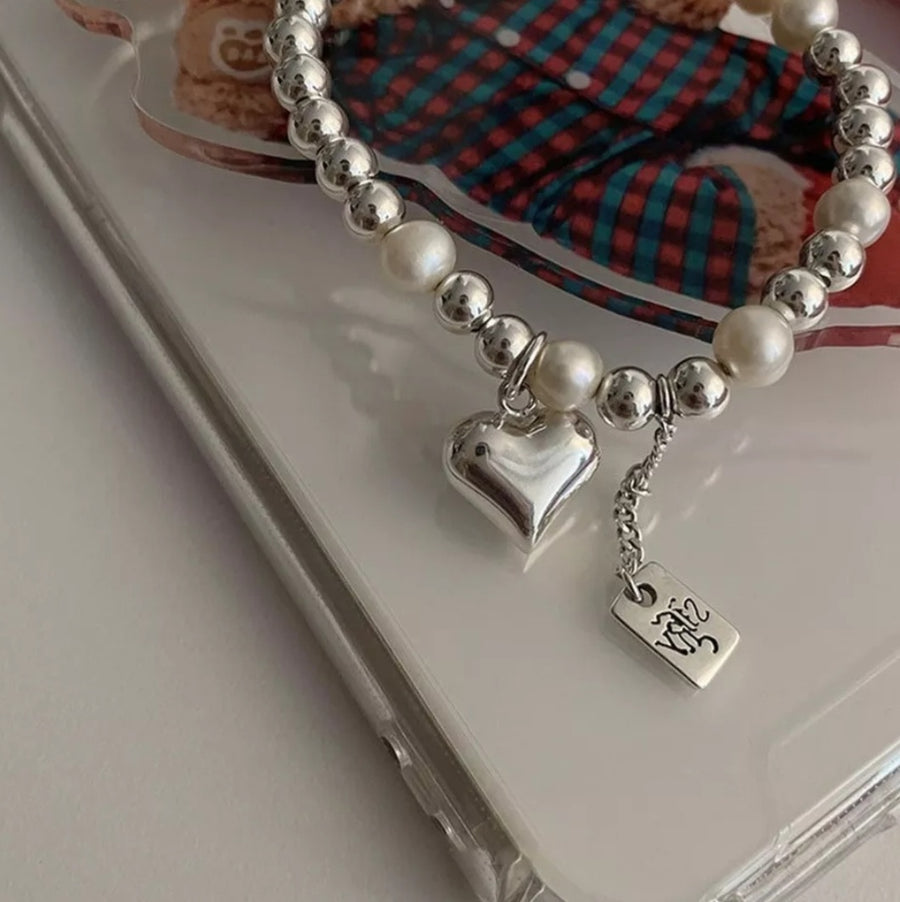 925 Puffy Heart Pearl x Beads Dangling Chain Bracelet (BACKORDER)