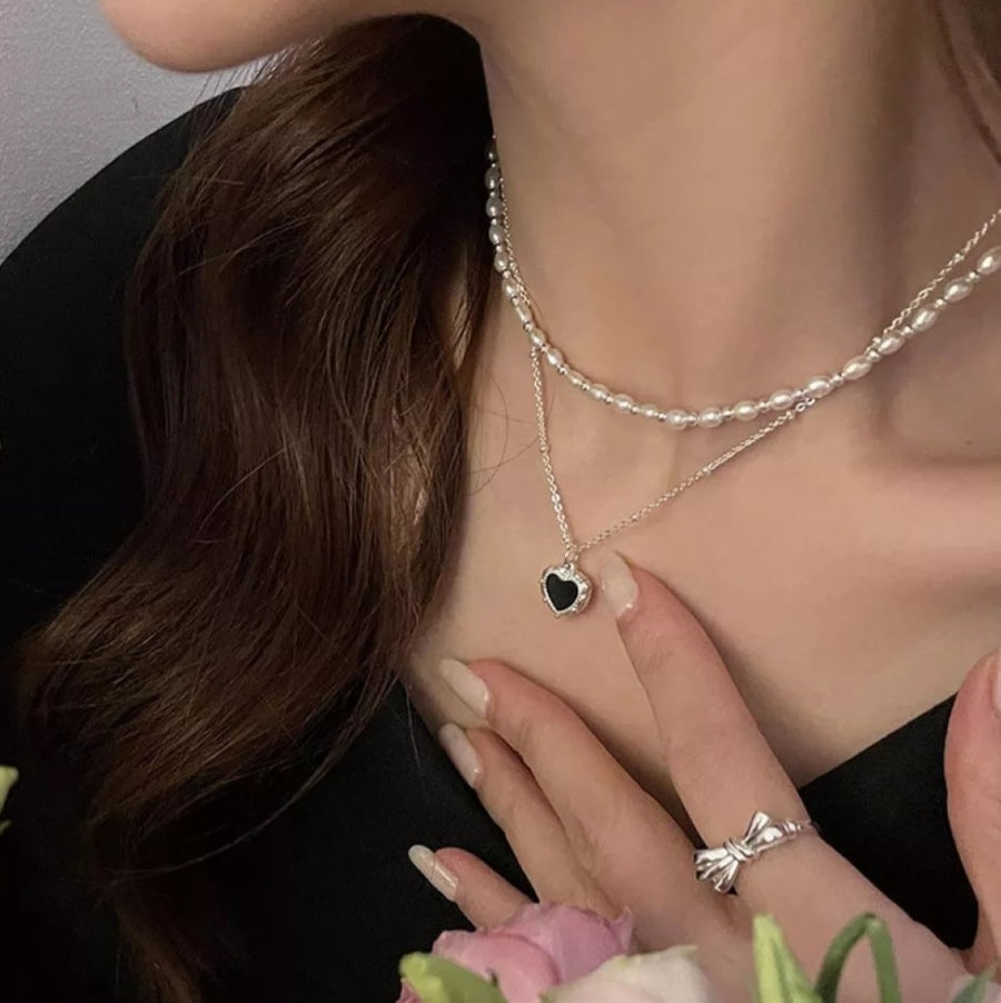 925 Onyx Heart x Beads Pearl 2Pcs Necklace (BACKORDER)