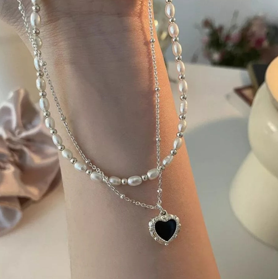 925 Onyx Heart x Beads Pearl 2Pcs Necklace (BACKORDER)