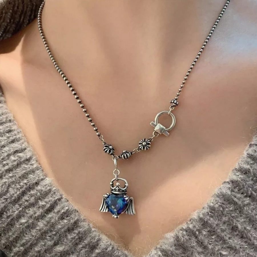 925 Chrono Sapphire Blue Angle Heart Pendant Necklace (BACKORDER)